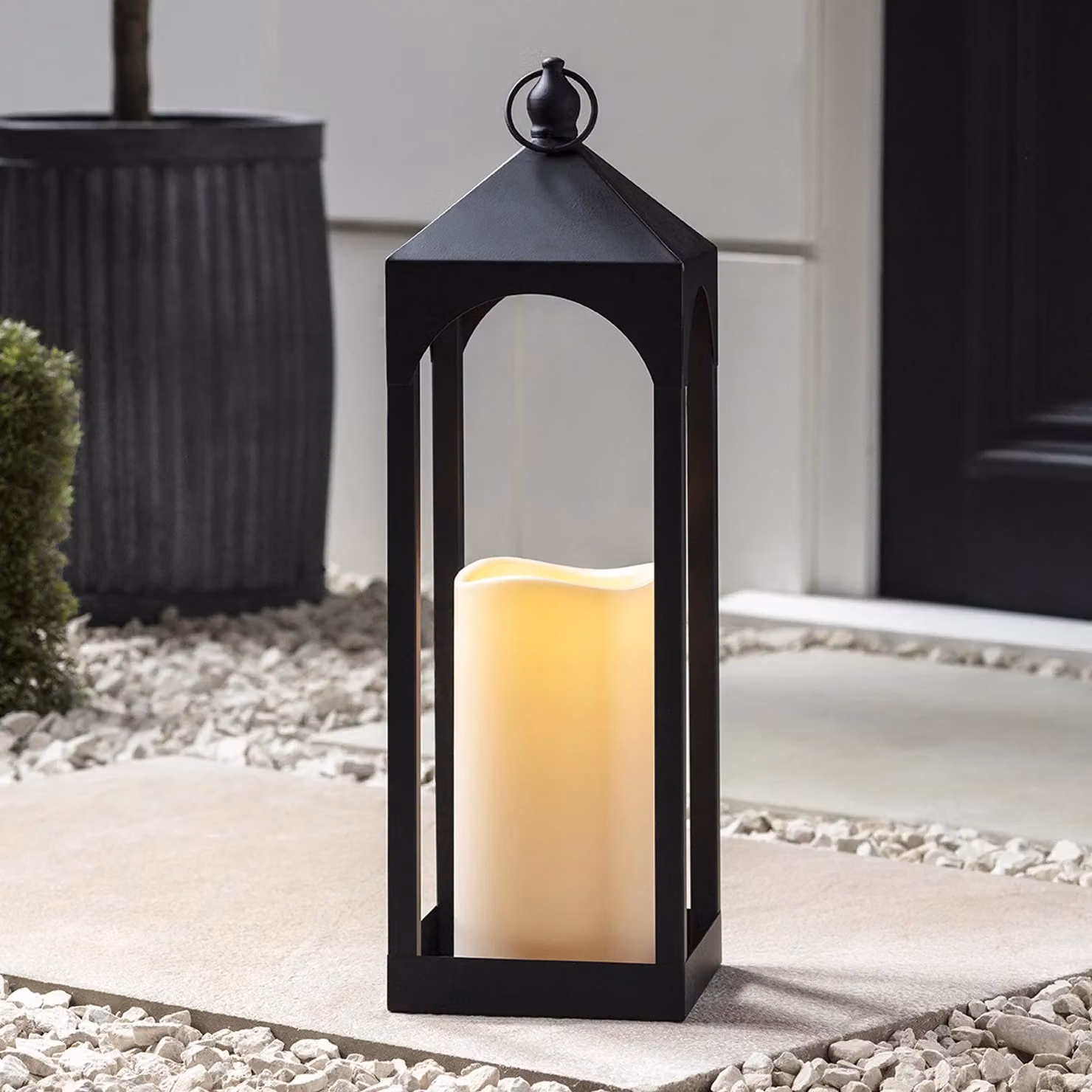 Lights4fun Extra-Large Black Metal Outdoor LED Candle Lantern with Flickering Warm White TruGlow, Timer and Weatherproof Design, H 50.5 cm x W 16 cm x D 16 cm – 1