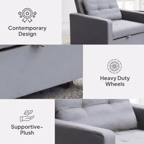 Home Source Charleston Convertible Sleeper Sofa Chair in Grey Fabric – 3
