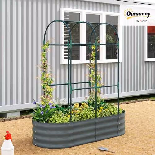 Outsunny Galvanised Steel Raised Garden Bed with Trellis, Grey, W/D/H: 121.92 x 60.96 x 140.2 cm – 2