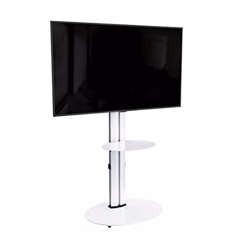 AVF Freestanding Silver Column TV Stand with White Safety Glass Shelving and Universal VESA Bracket for up to 55 inch Screens – 1