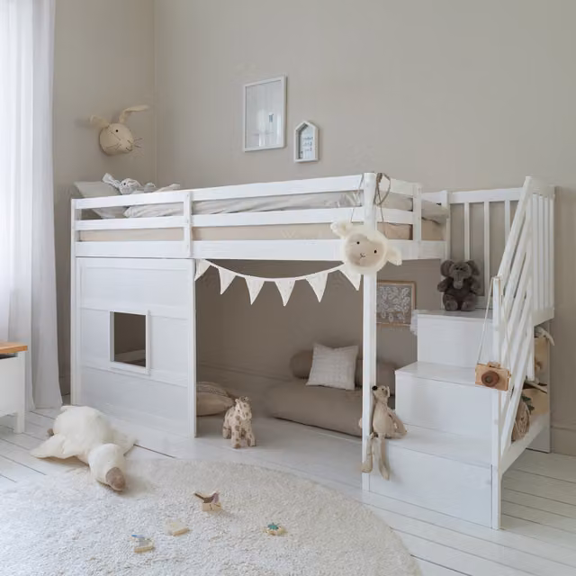 Noa and Nani Kasja Staircase Midsleeper Cabin Bed with Window in Classic White, Solid Pine Wood, W/D/H: 127.0 x 91.5 x 163.0 cm