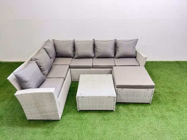 Fimous 7 Seater L-Shape Garden Corner Sofa Set with Coffee Table and Ottoman in Light Grey