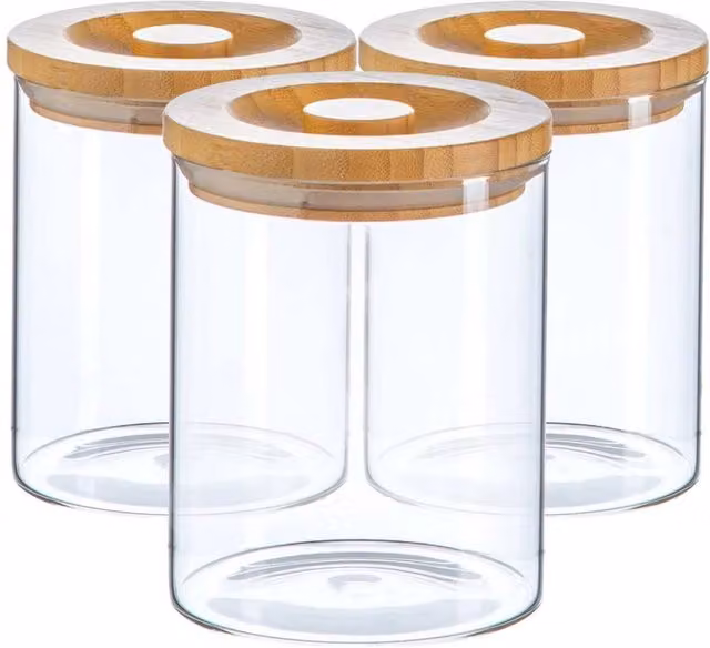 Argon Tableware Set of 3 Transparent Glass Airtight Storage Jars with Solid Wooden Lids, 0.75 l each – 1