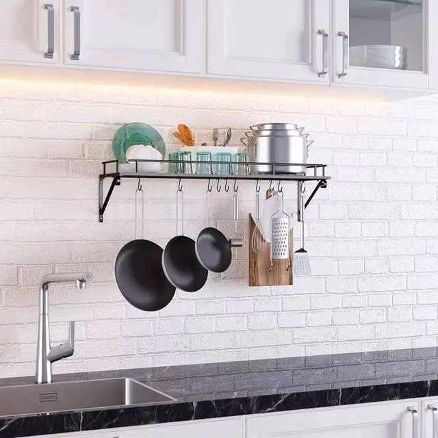 EONLION Black Metal Wall Mounted Pot Pan Rack and Kitchen Storage Shelf – 1