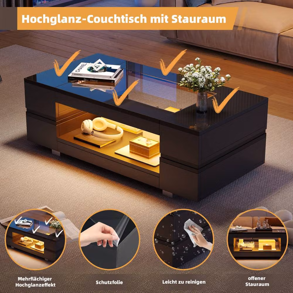 STILVORA Modern Black Coffee Table with LED Lighting and Open Storage, W: 100 cm, D: 50 cm, H: 35 cm – 4
