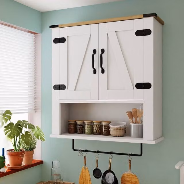 Costway White Wooden Wall Mounted Bathroom Medicine Cabinet with Internal Shelves and Hinged Doors – 1
