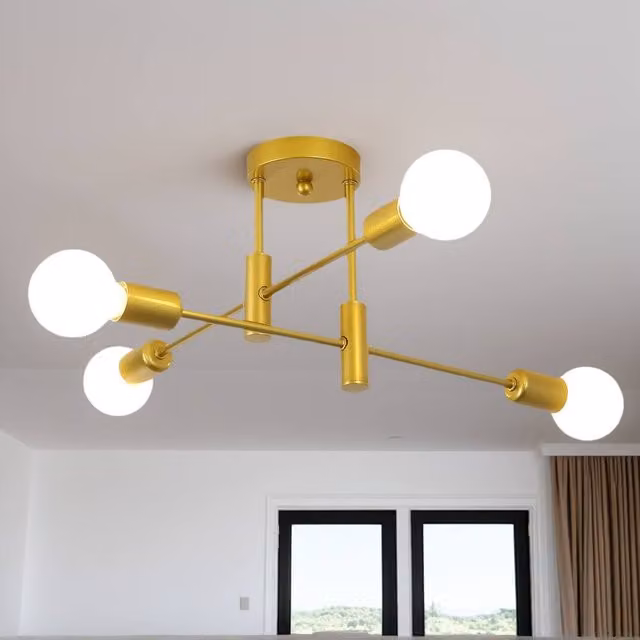 NIVOR 4-Light Industrial Mid Century Flush Mount Ceiling Chandelier in Metallic Gold/Brass with E27 Bulbs – 1
