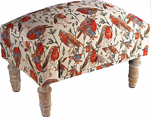 AcaciaHome Robin Floral Fabric Footstool with Drawer in Beige and Multicolour, W/D/H: 41.0 x 28.0 x 26.0 cm