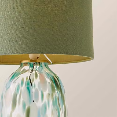 ValueLights Belinda Green Confetti Glass Table Lamp with Fabric Drum Shade and Bulb – 3