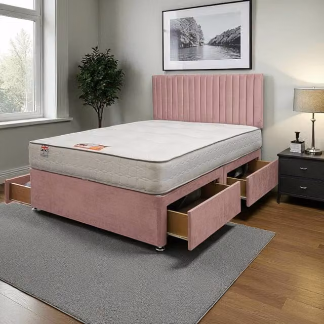 Knight Sleep Emily Plush Superking Bed Set with Mattress, 4 Drawers and 24 inch Headboard in Pink