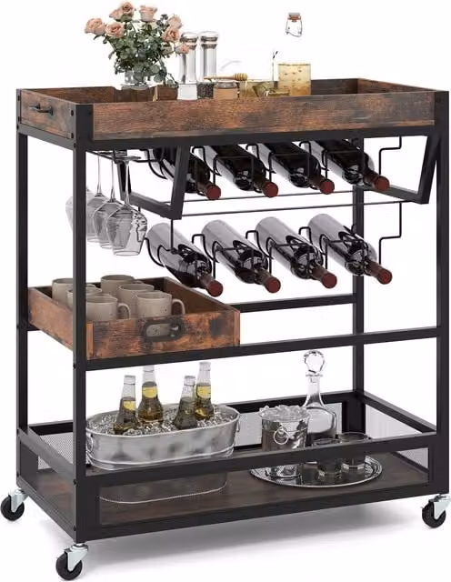 Costway 3-Tier Kitchen Serving Cart Storage Trolley with Removable Tray in Brown