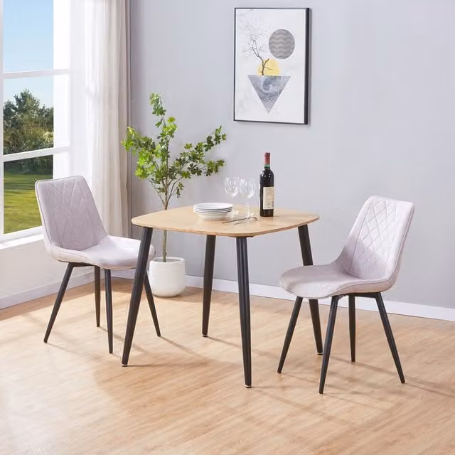 Aspen Light Oak Square Dining Table and 2 Diamond Stitch Fabric Chairs Set in Beige