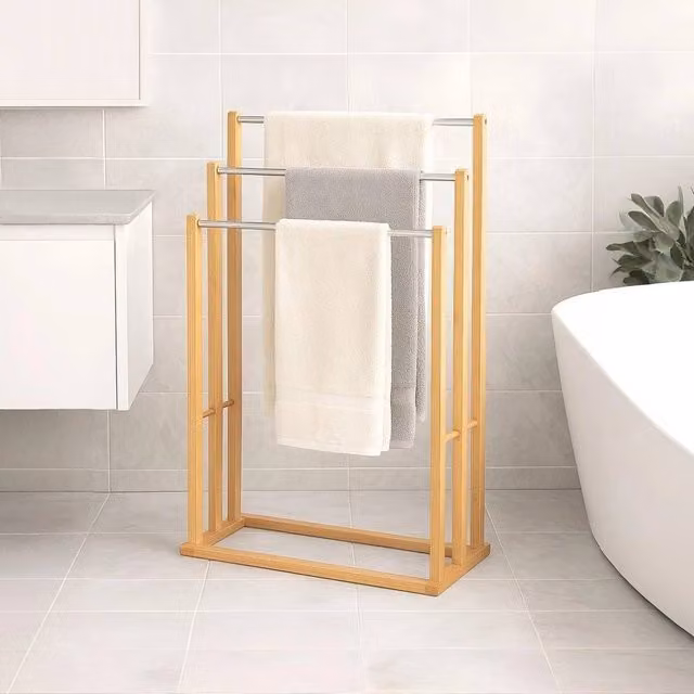 FORGEVIO 3 Tier Freestanding Towel Rail and Cloth Drying Rack in Brown
