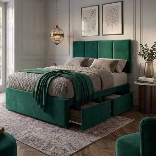 Bed Time UK Plush Velvet Divan Bed with Mattress, 20 Inch Vertical Headboard and 2 Drawers, Green, W/D/H: 200 x 200 cm, Super King