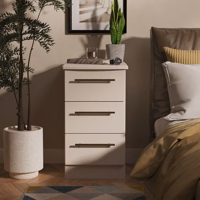 Haworth Ready Assembled 3 Drawer Bedside Cabinet in Kashmir Matt Beige and Gold