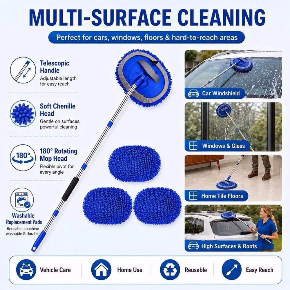 NESTLUNE Microfibre Car Cleaning Mop, Blue, W/D/H: 100 x 15 cm – 5