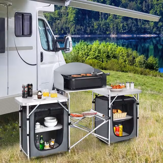 COSTWAY Grey Rectangular Folding Camping Table with Steel X-Frame