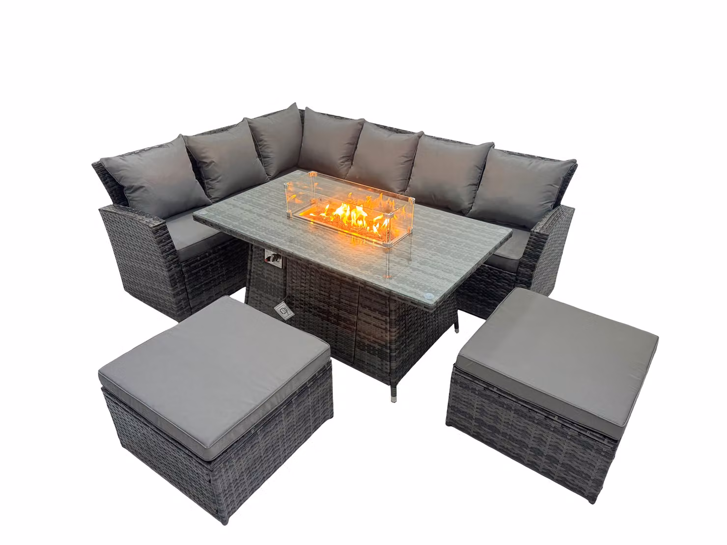 Fimous Poly Rattan Outdoor Patio Gas Firepit Table Sofa Set with 2 Big Stools in Dark Grey – 2