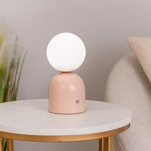 ValueLights Marlow Rechargeable LED Portable Touch Table Lamp with Glass Sphere Shade in Blush Pink – 2