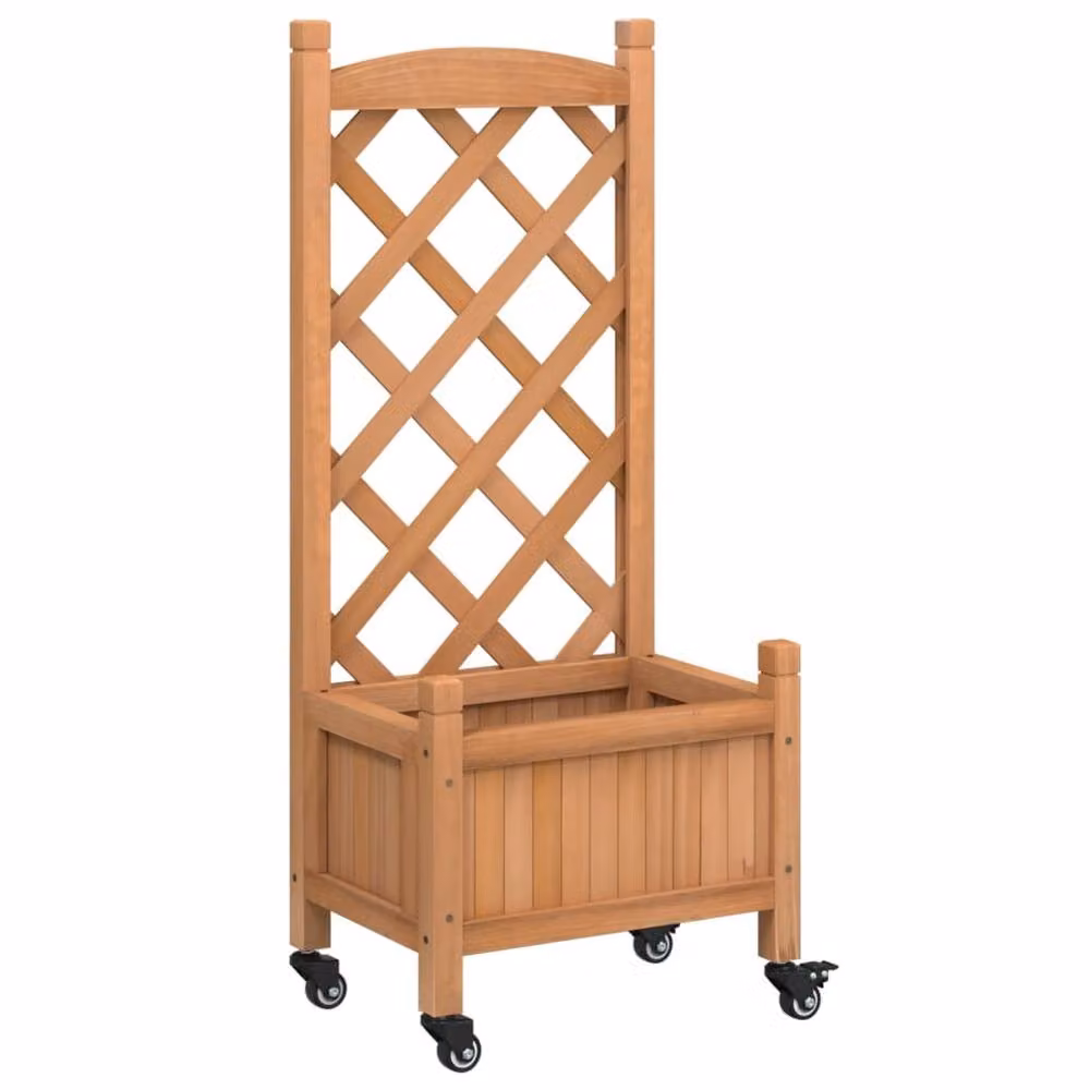 Berkfield Home Brown Solid Wood Fir Planter with Trellis and Wheels – 2