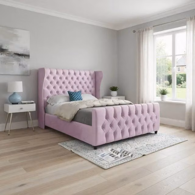 KDMD Keysoe Small Single Upholstered Pink Velvet Designer Bed Frame – 1
