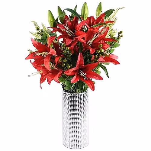 Leaf Design UK Mixed Floral Artificial Flower Display with Glass Vase in Red, Green and Silver