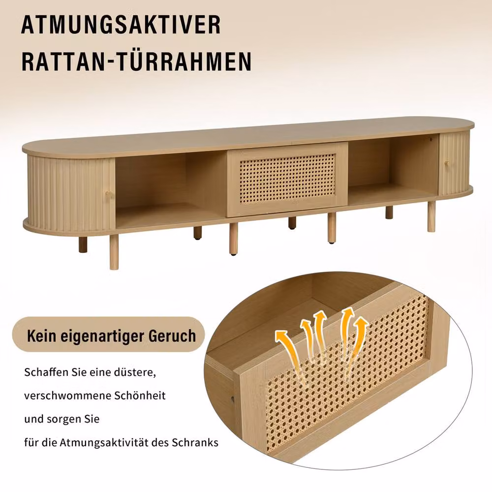 Rolipo Oval Rattan TV Cabinet in Light Oak Wood, Width: 180 cm – 2