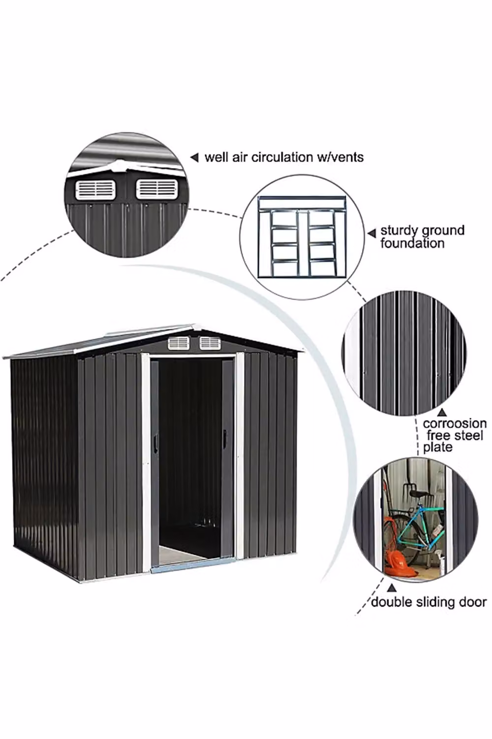 Living and Home Metal Garden Storage Shed with Apex Roof and Double Sliding Doors, Charcoal Black, W/D/H: 304.8 x 243.84 x 178.0 cm – 2