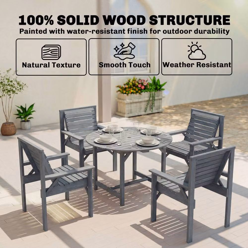 OUTSUNNY Grey Round Garden Dining Set with Table and Chairs, Treated Hardwood, W/D/H: 100 x 100 x 75 cm – 4