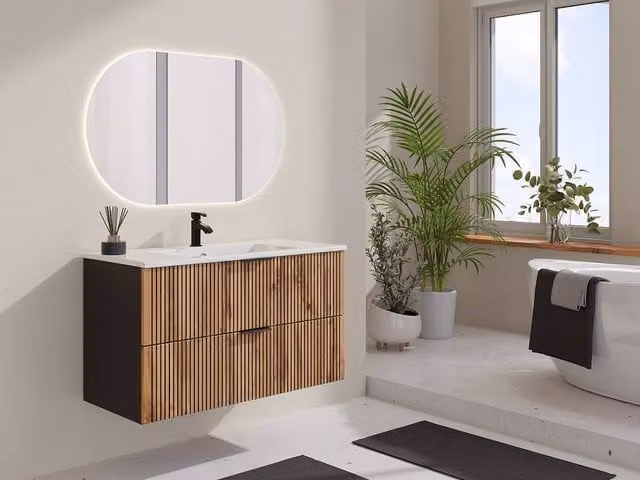 Vente-unique Ribbed Suspended Vanity Unit in Light Natural and Black, W: 100 cm