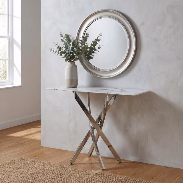 Shankar White and Grey Glossy Rectangular Console Table with Metal Legs