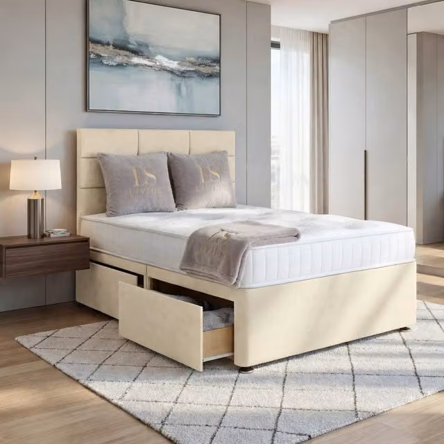 DS Living Opal Upholstered Fabric Storage Bed Frame with Drawers in Cream, W/D/H: 140 x 200 cm