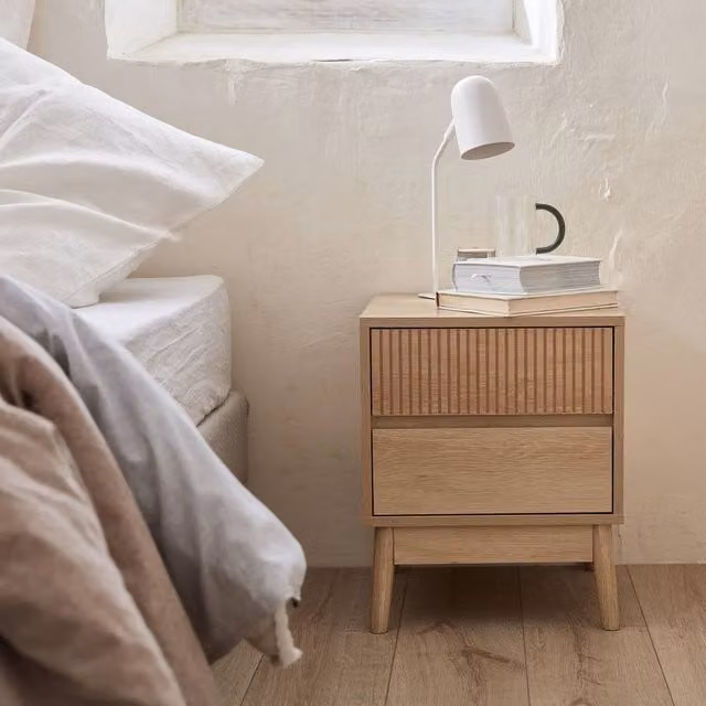 sweeek Grooved Bedside Table in Light Brown Wood Effect