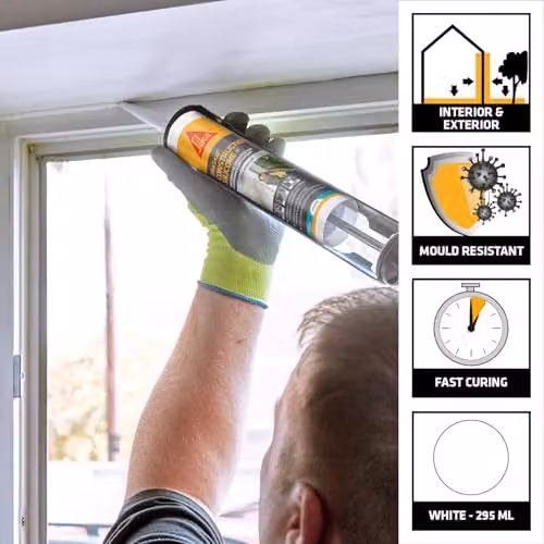 Sika SikaSeal Construction Silicone+ Anti-Mould Sealant, White, 295ml – 2