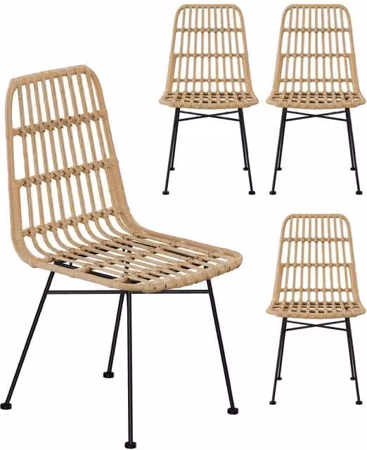 VonHaus Richmond Set of 4 Dining Chairs with Rattan Effect and Metal Legs in Beige and Black