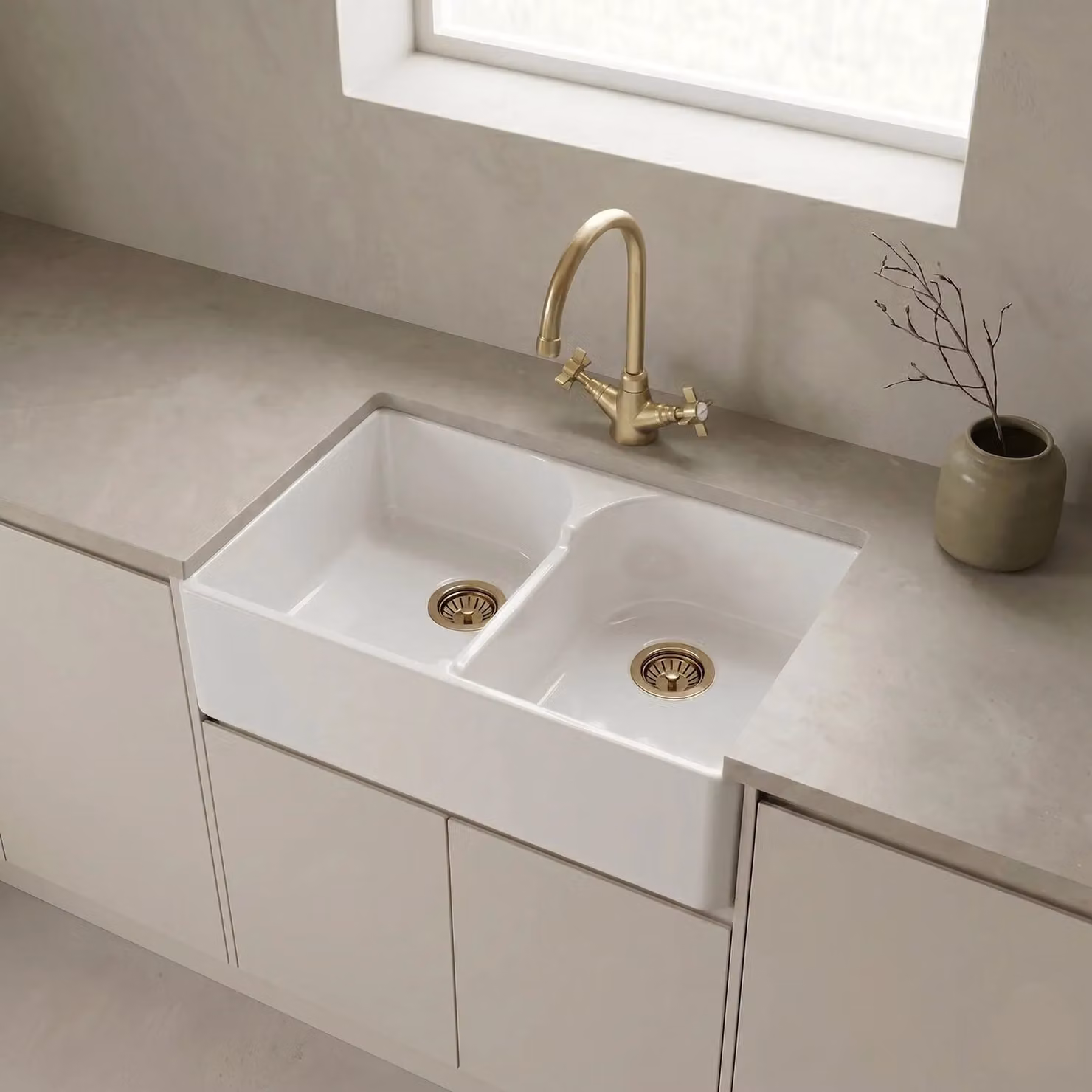 Balterley Ceramic Double Bowl Butler Sink with Mono Crosshead Mixer Tap and Wastes, White and Gold, W: 79.5 cm – 5