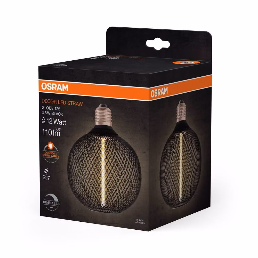 Osram Decor LED Straw Filament Globe Lamp Bulb, Black and Gold, 12W Warm White, Dimmable, E27 – 4