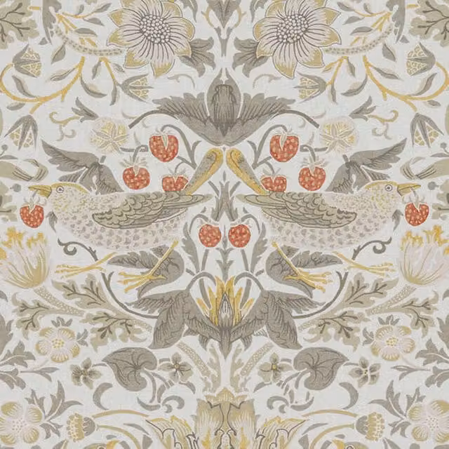 William Morris At Home Strawberry Thief Floral Cotton Fabric in Ochre and Multicolour