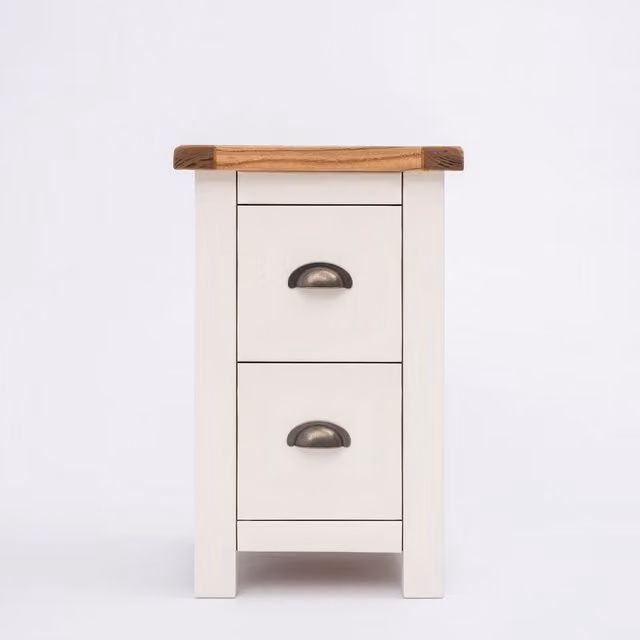 Cabinet Bits Lovere 2 Drawer Petite Bedside Cabinet in Off-White with Chrome Handle and Antique Brass Cup