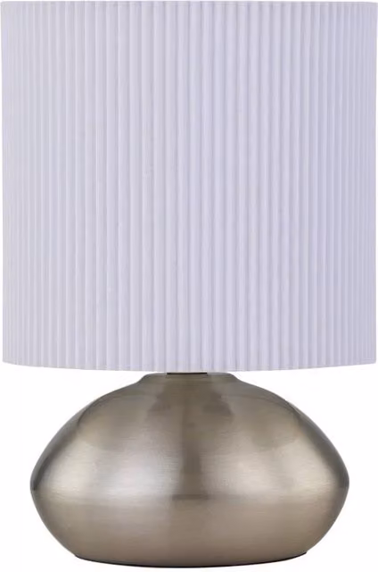 First Choice Lighting Jenson Touch Table Lamp in Brushed Chrome with White Fabric Shade