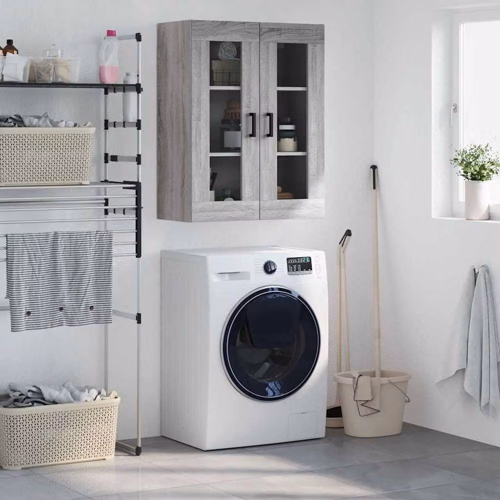 Berkfield Home Wall Mounted Cabinet in Grey with Glass Doors, W: 69.5 cm, D: 34 cm, H: 90 cm – 2