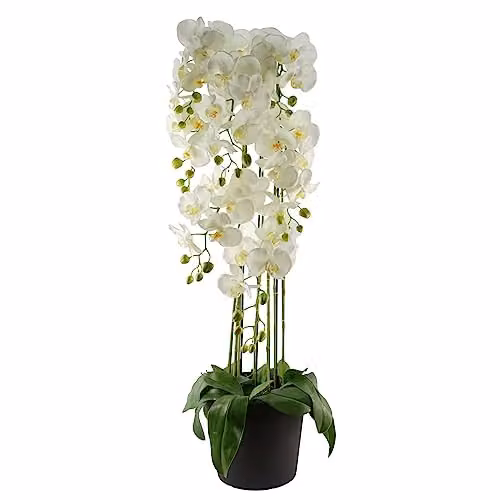 Leaf Design UK Realistic White Artificial Orchid Plant in Green Pot, Height: 110 cm