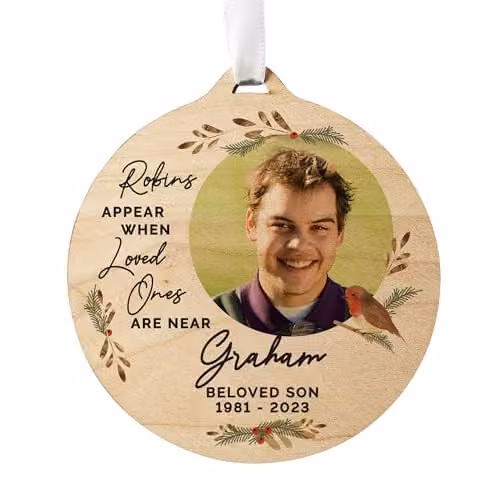 Personalised Memento Company Brown Wooden Robin Memorial Christmas Bauble with Custom Photo and Message
