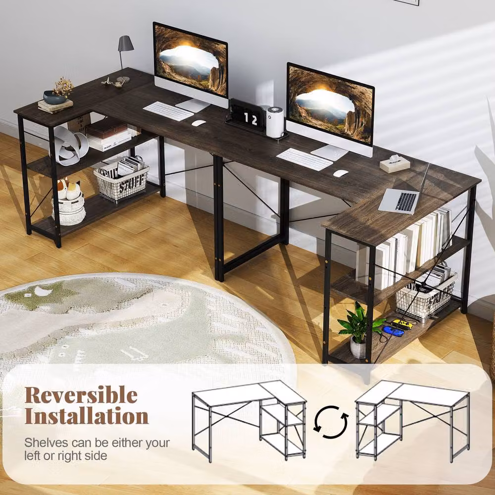 Gymax L-shaped Reversible Corner Computer Desk with Adjustable Shelf in Brown – 5