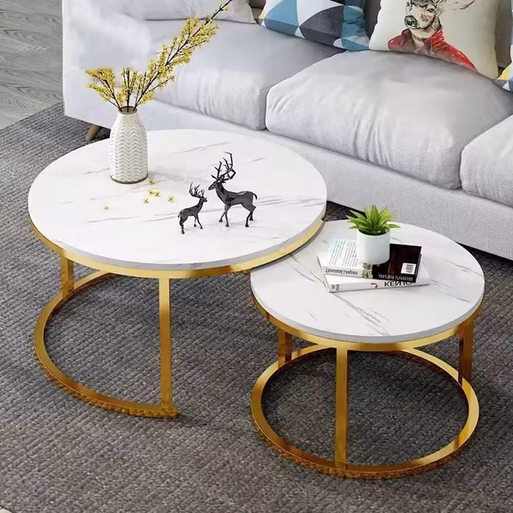 Ventryn Set of 2 Round Nesting Coffee Tables in White and Gold with Marble Tops – 3