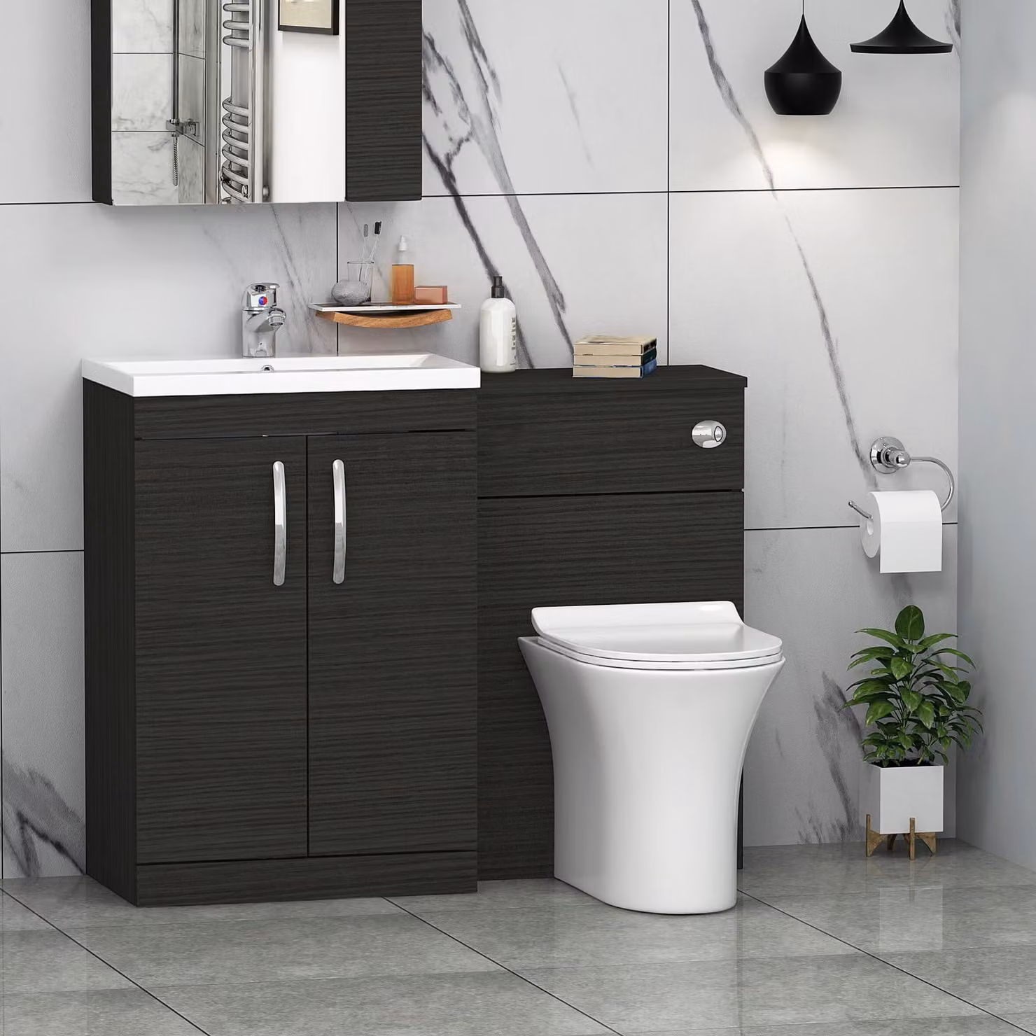 Royal Bathrooms Hale Black 2 Door Furniture Pack with Mid Edge Basin and Slim Breeze Back to Wall Toilet, Width: 110 cm