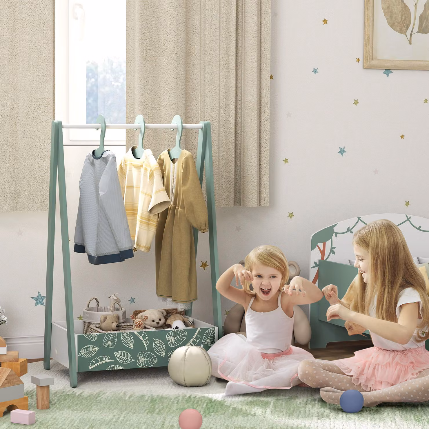 AIYAPLAY Baby Clothing Rack with Hangers and Storage Shelf, Green Leaf Theme, Pine Wood – 2