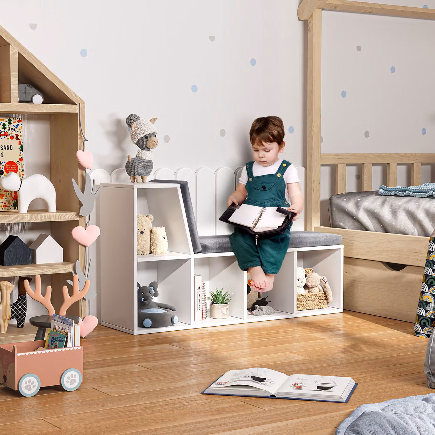 HOMCOM White Storage Shelf with Cushioned Reading Seat and Bookshelf Cabinet – 2