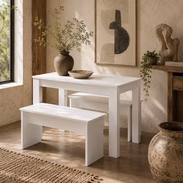 Wyld Haus Sono White Rectangular Dining Table and 2 Slide Under Benches – 1