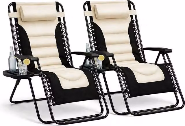 FLAVORA Set of 2 XXL Padded Zero Gravity Reclining Sun Loungers in Beige with Adjustable Headrest – 1